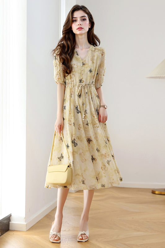 Women's Chffion V-Neck Floral Print Midi Dress