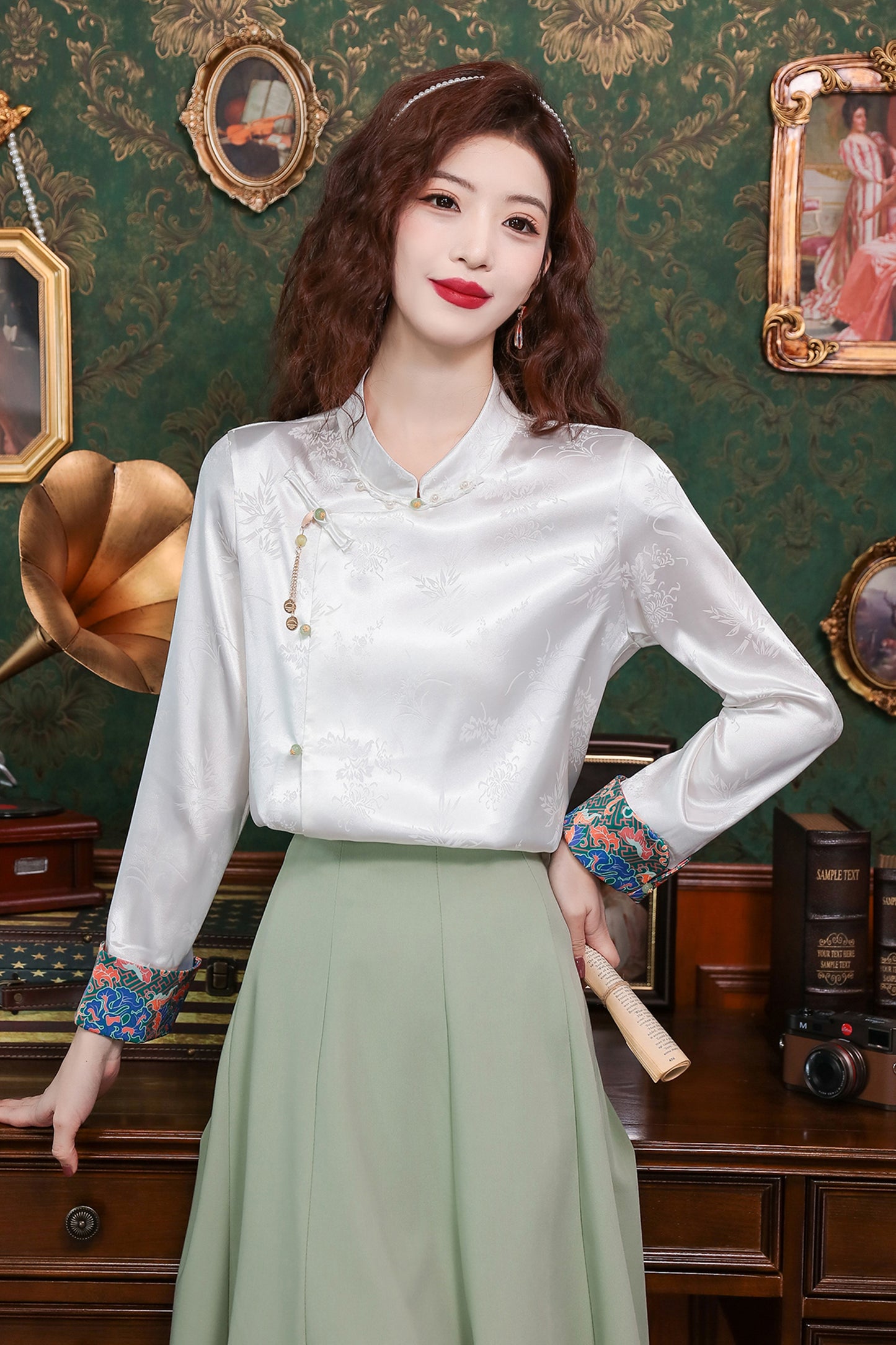 Women's Silk Satin Top Embroidered Jacquard Shirt