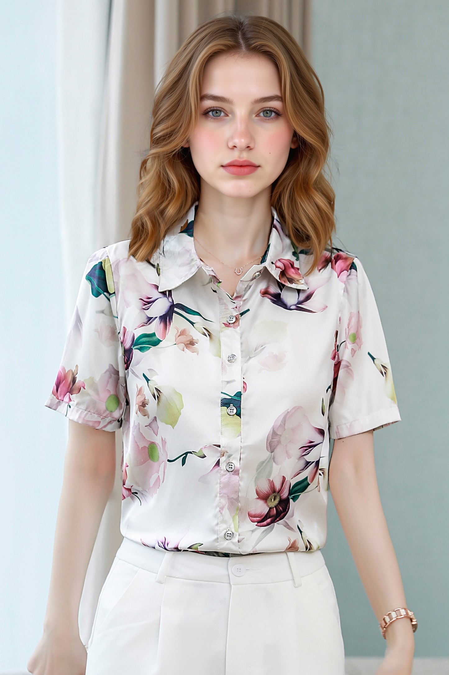 Women's Stain Floral Print Blouse Short Sleeve Tops
