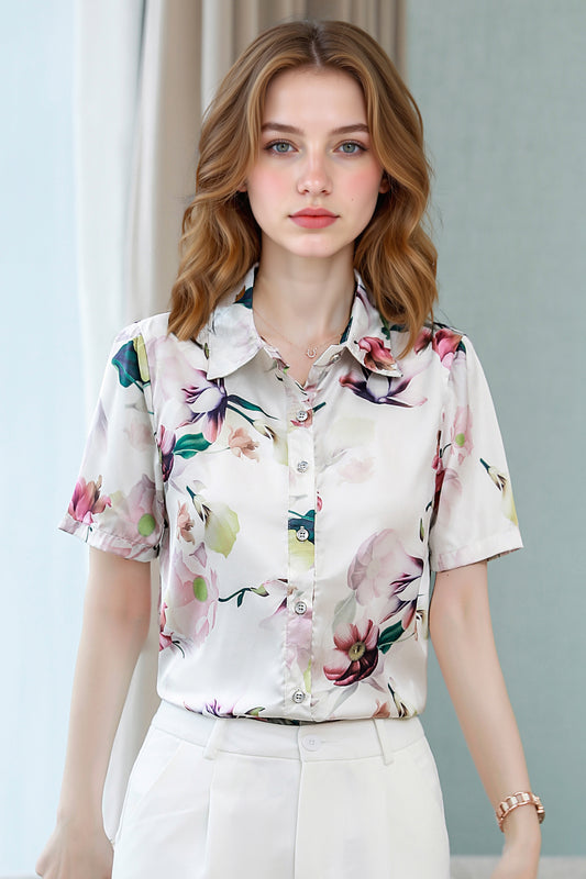Women's Stain Floral Print Blouse Short Sleeve Tops