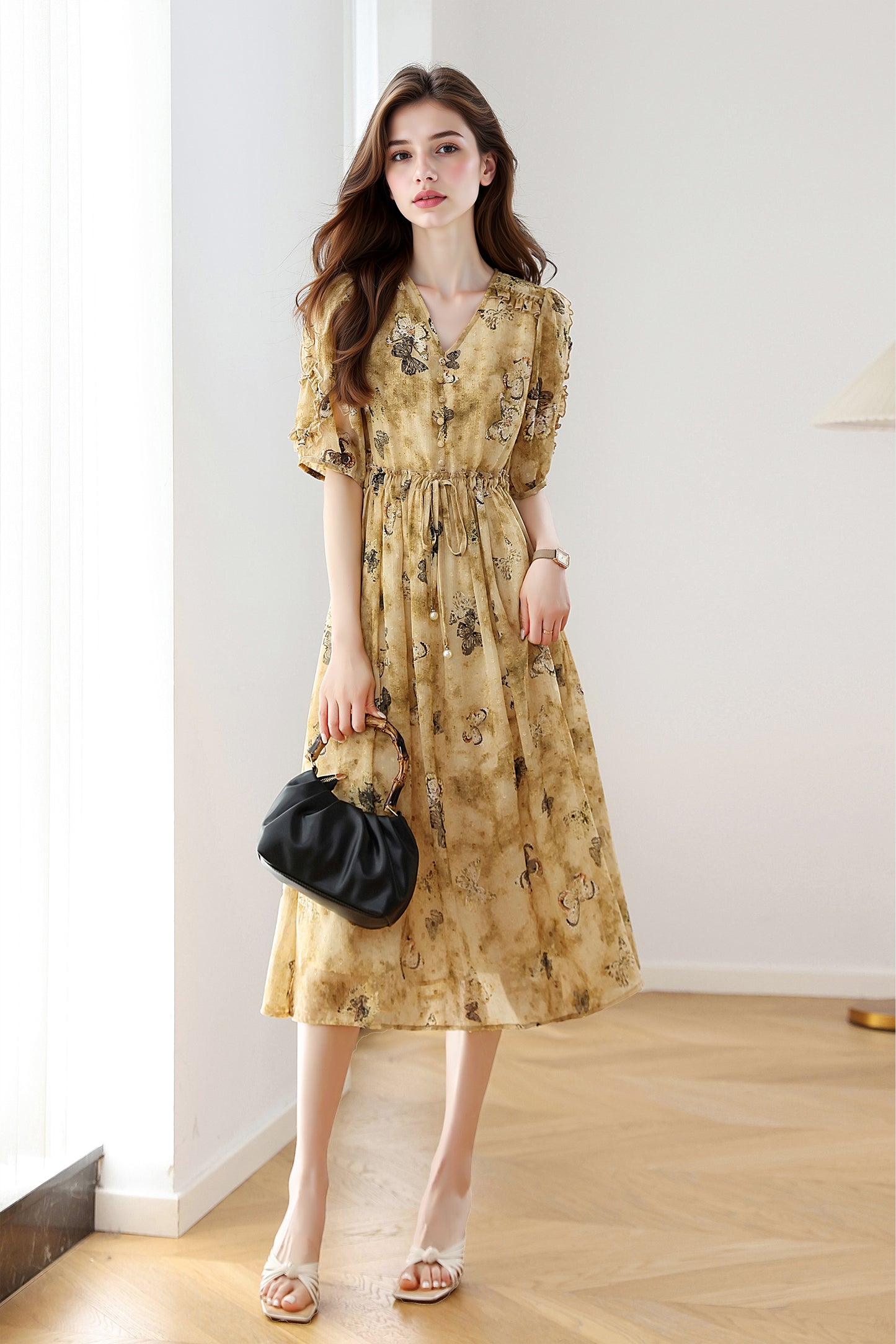 Women's Chffion V-Neck Floral Print Midi Dress