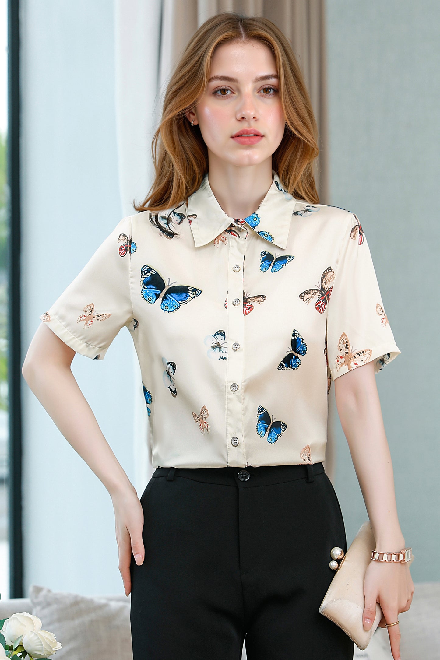 Women's Stain Floral Print Blouse Short Sleeve Tops