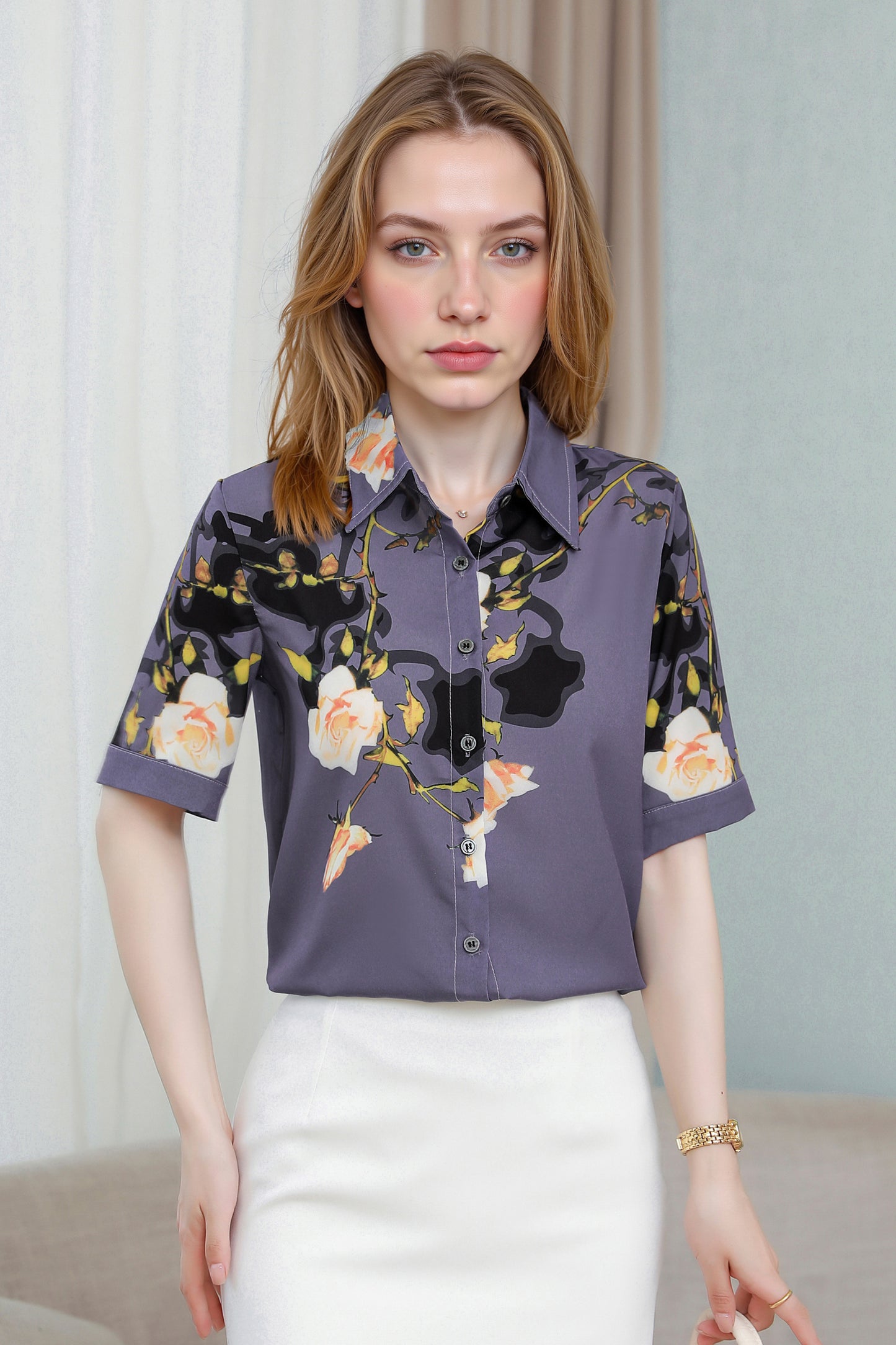 Women's Collared Floral Print Blouse Short Sleeve Tops