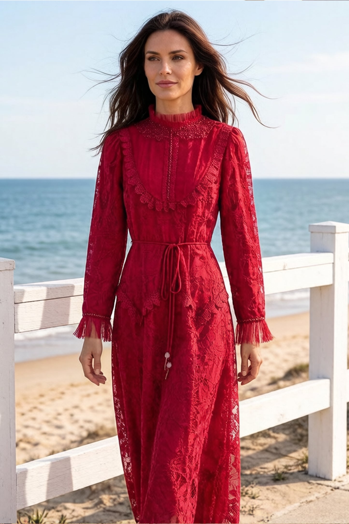 Elegant Embroidered Mesh Bead Trim Maxi Dress - LAI MENG FIVE CATS