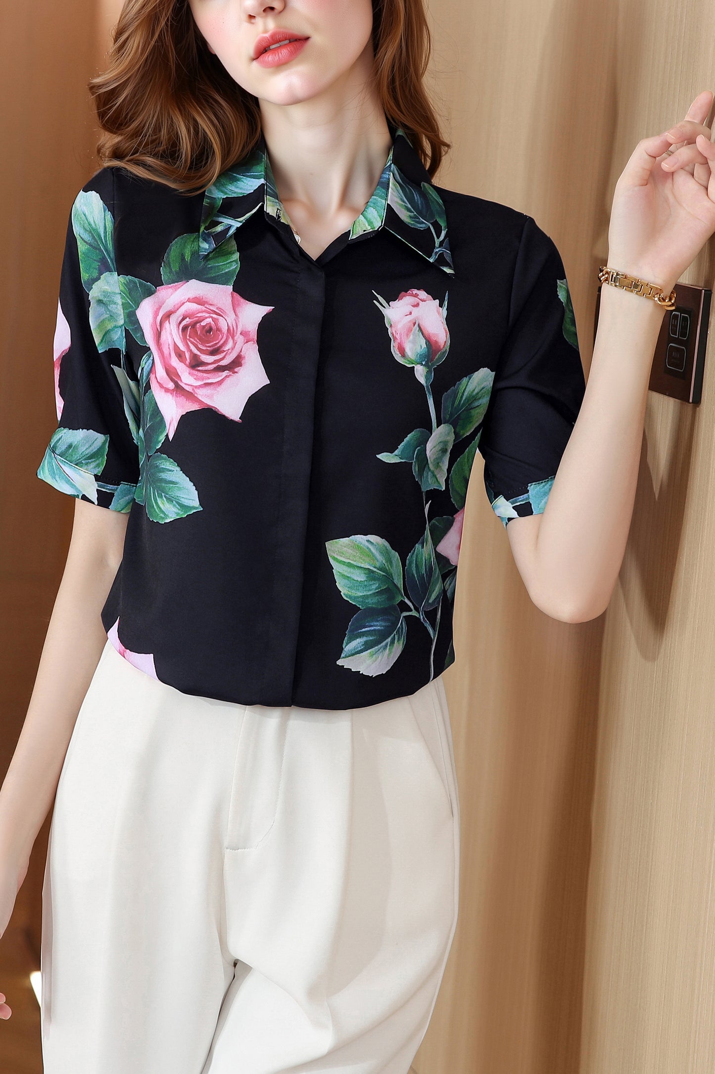Women's Collared Floral Print Blouse Short Sleeve Tops
