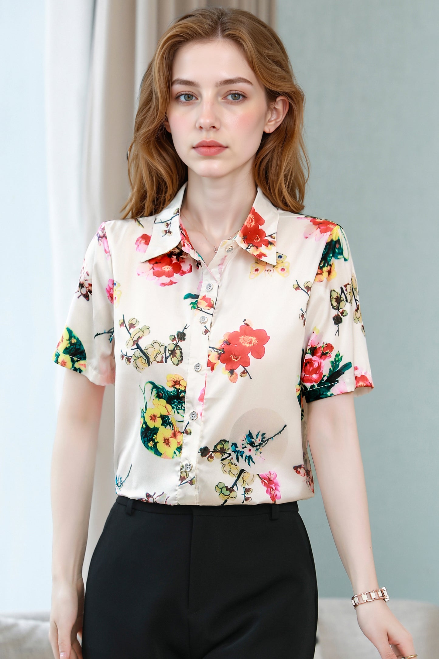 Women's Stain Floral Print Blouse Short Sleeve Tops