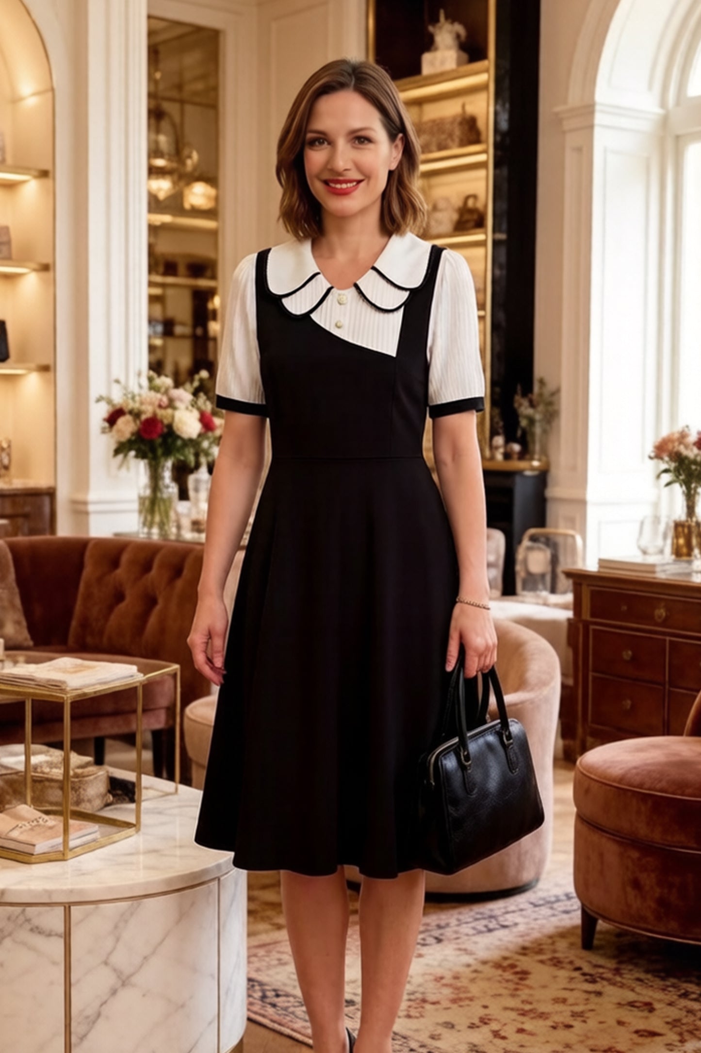 Women's Peter Pan Collar Short Sleeve Pocket Midi Dress - LAI MENG FIVE CATS