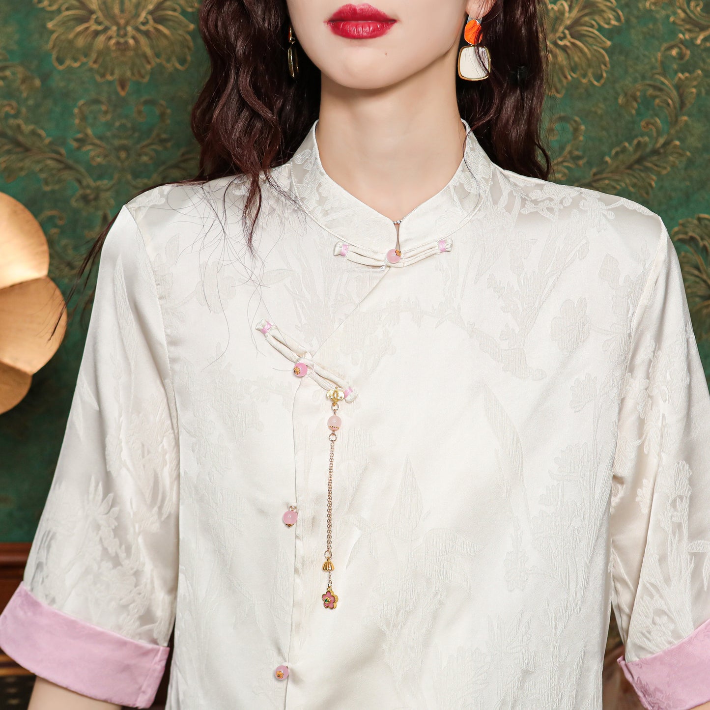 Women's Silk Satin Tops Button Jacquard Blouse