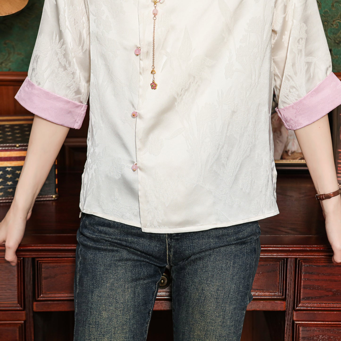 Women's Silk Satin Tops Button Jacquard Blouse