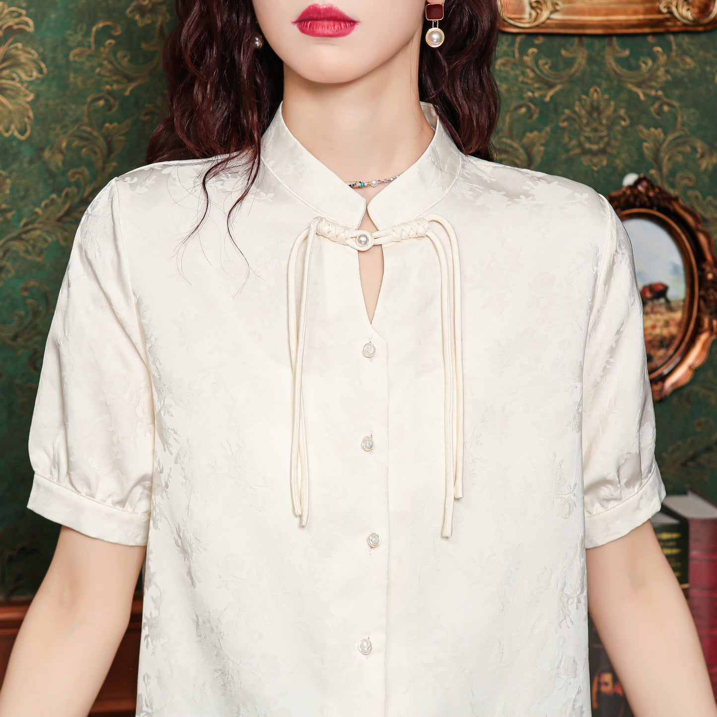 Women's Silk Satin Embroidery Jacquard Blouse Tops