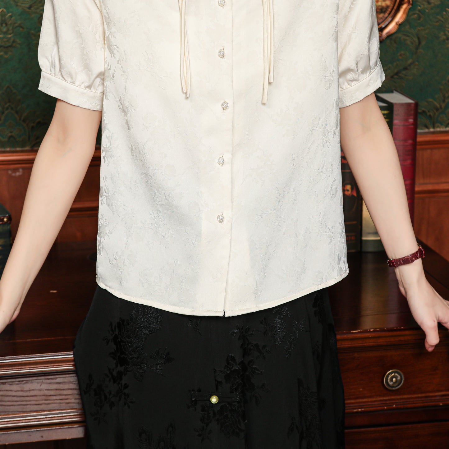 Women's Silk Satin Embroidery Jacquard Blouse Tops