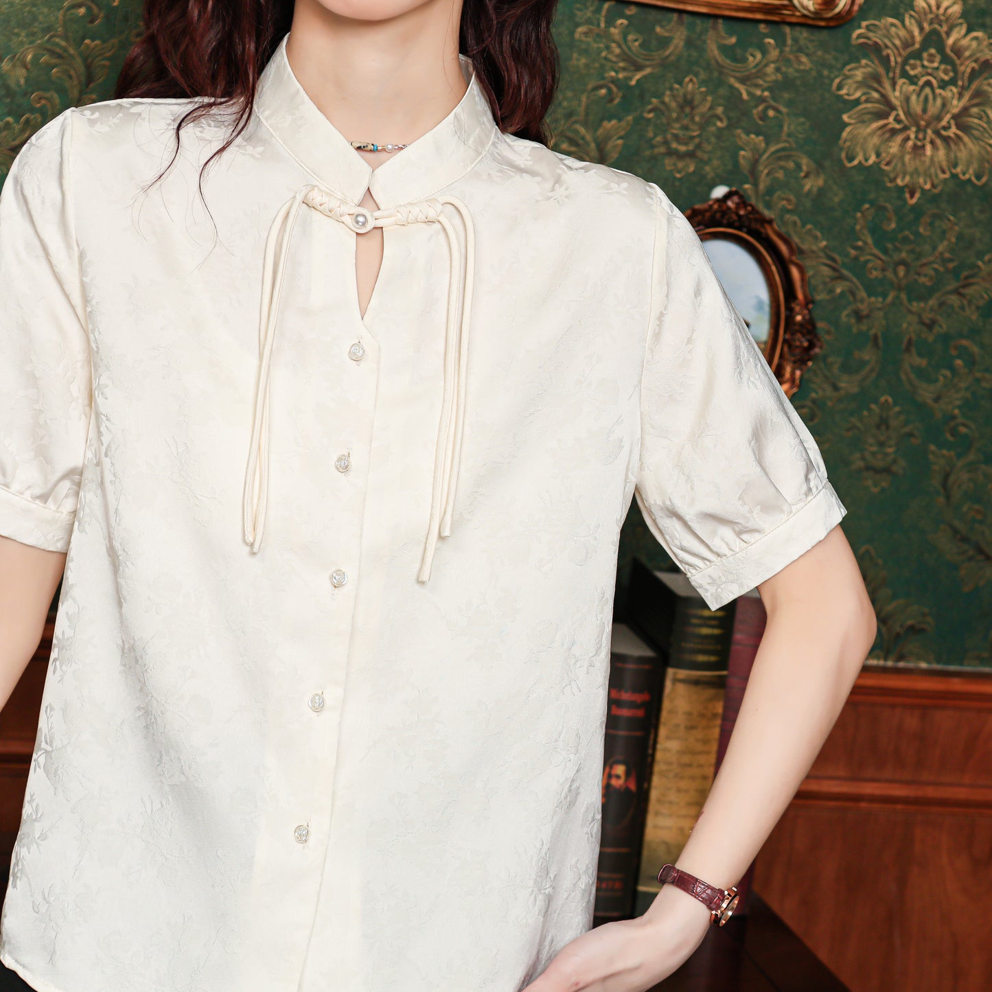 Women's Silk Satin Embroidery Jacquard Blouse Tops