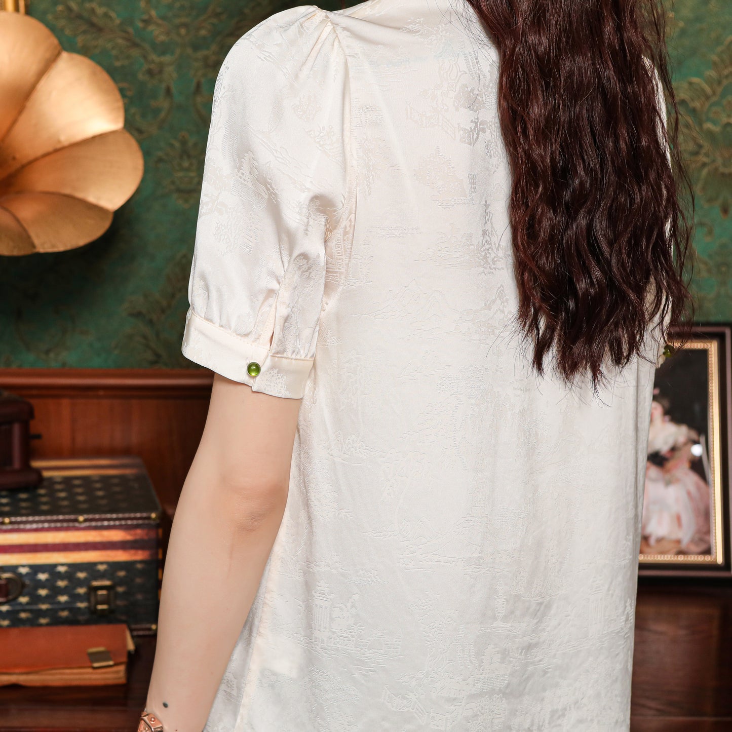 Women's Silk Satin Tops Button Jacquard Blouse