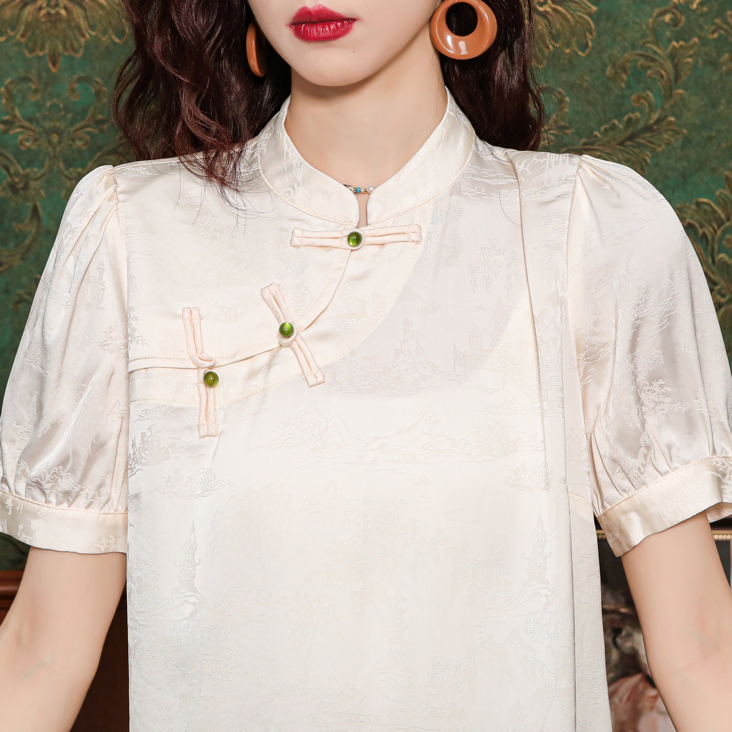 Women's Silk Satin Tops Button Jacquard Blouse