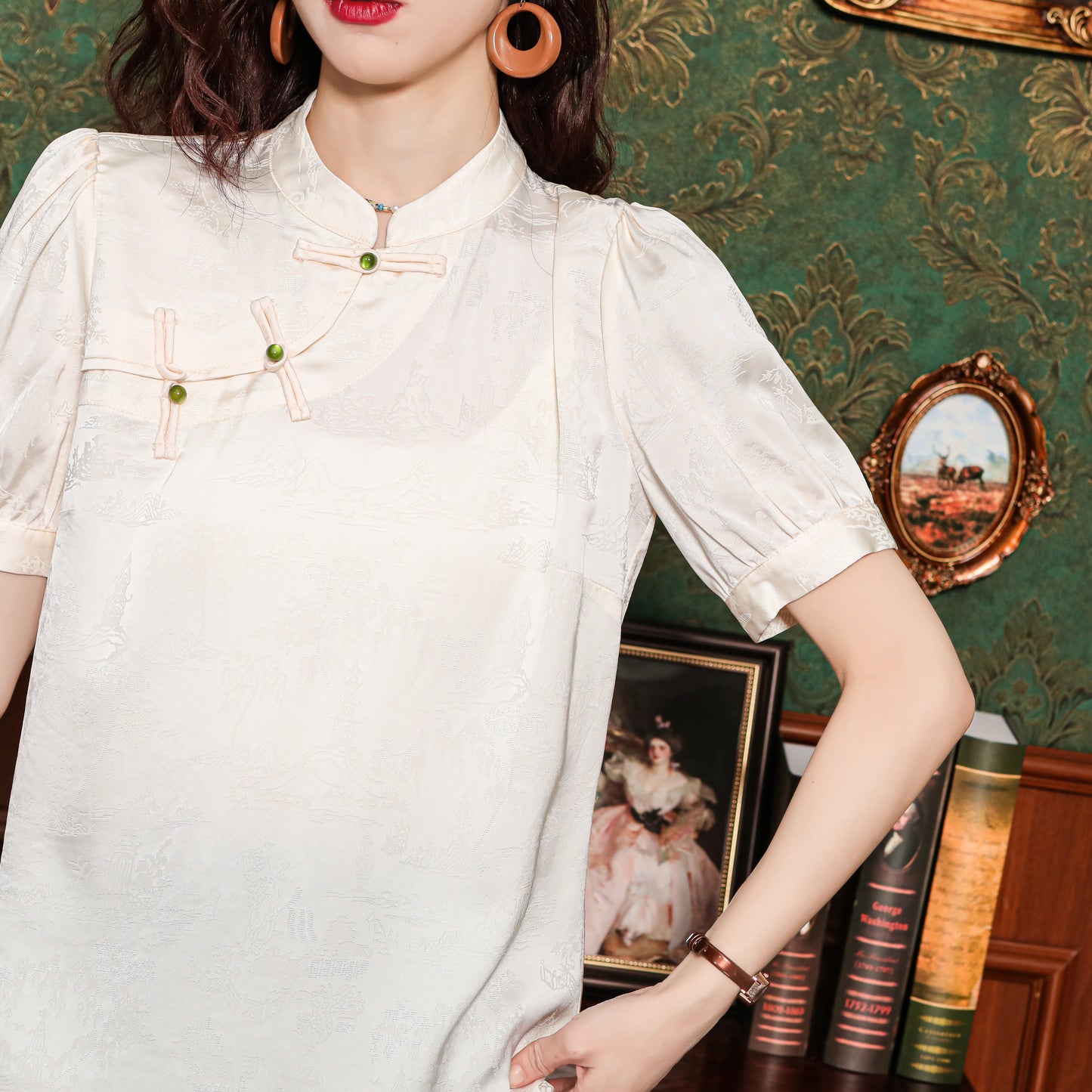 Women's Silk Satin Tops Button Jacquard Blouse