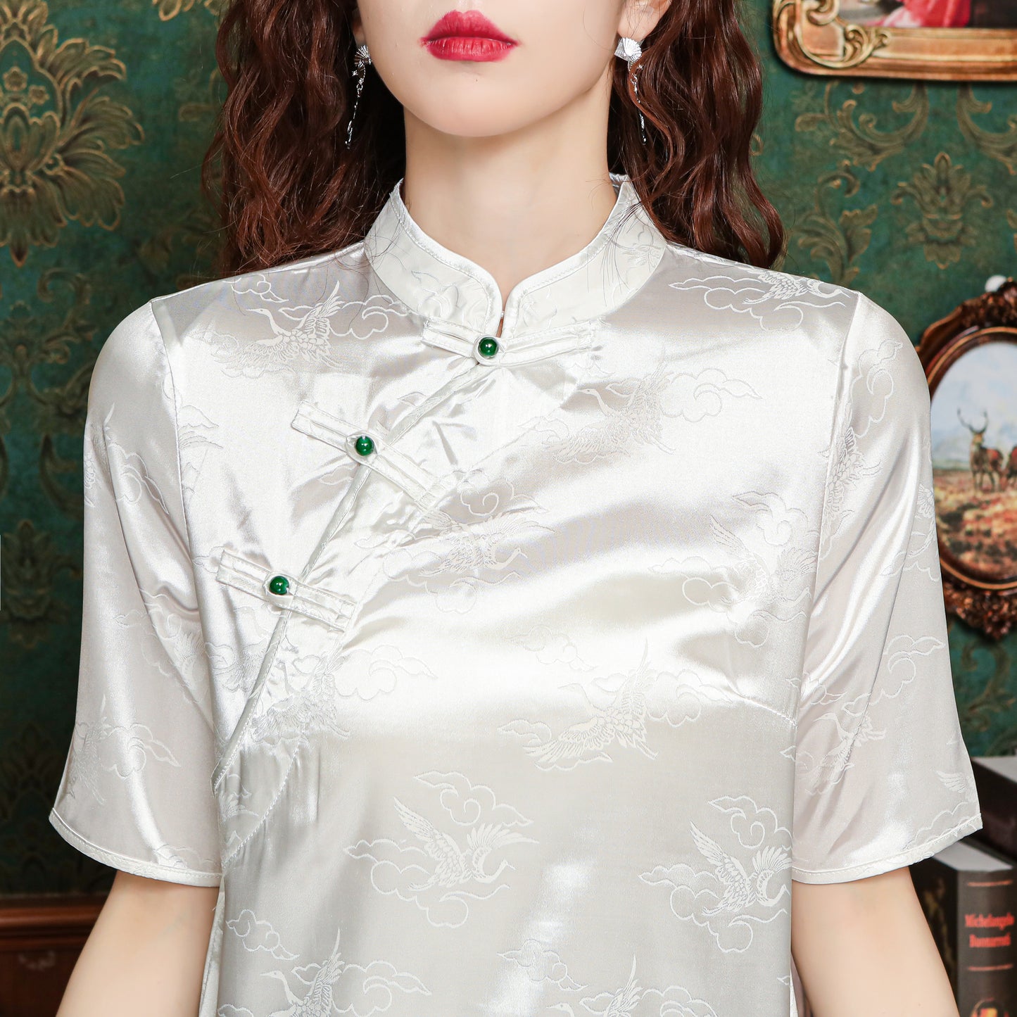 Women's Silk Satin Tops Button Jacquard Blouse