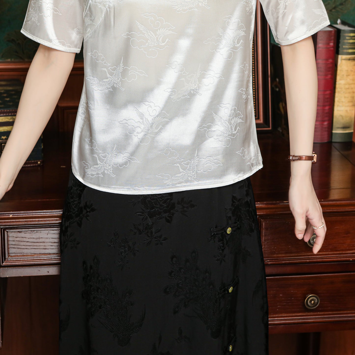 Women's Silk Satin Tops Button Jacquard Blouse