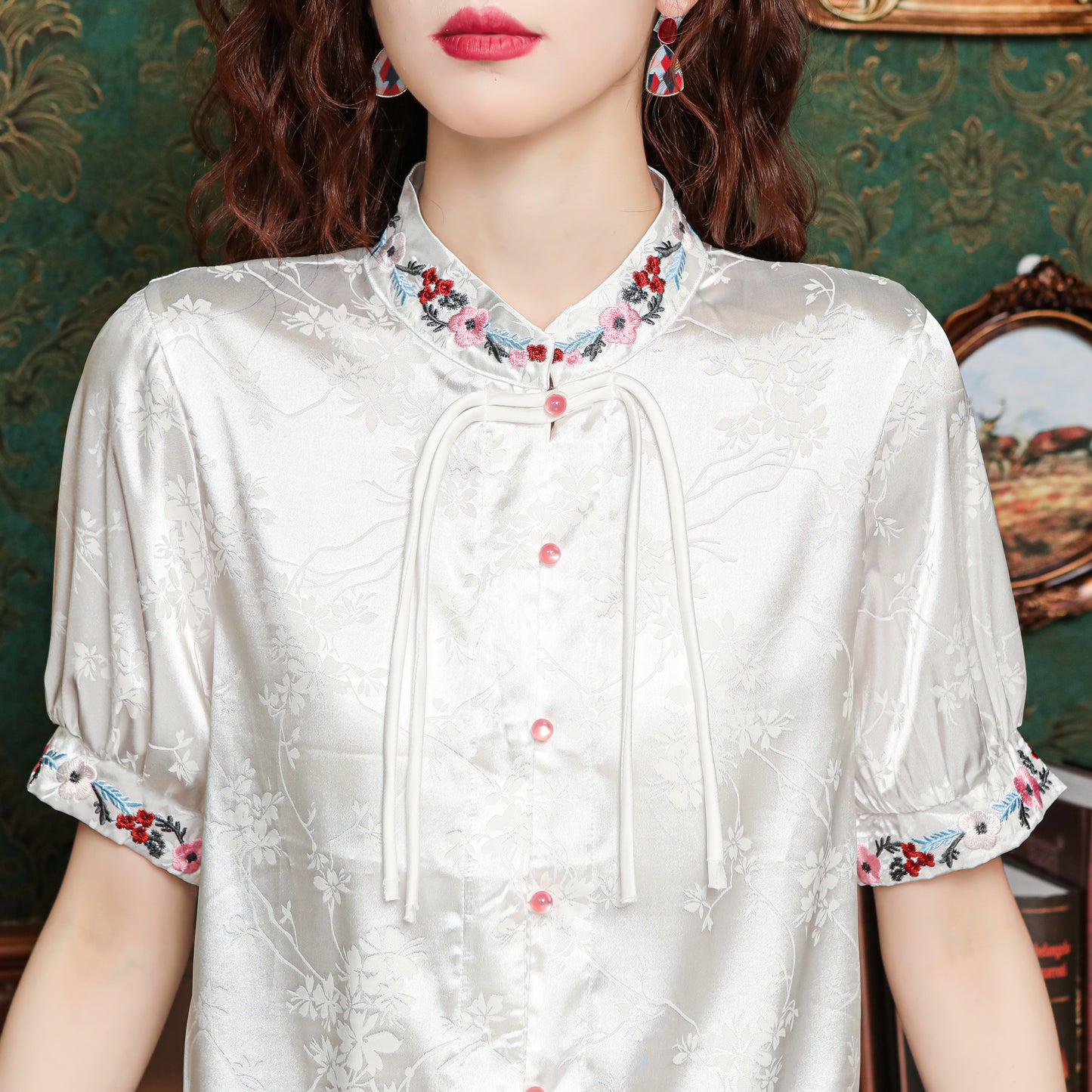 Women's Silk Satin Embroidery Jacquard Blouse Tops