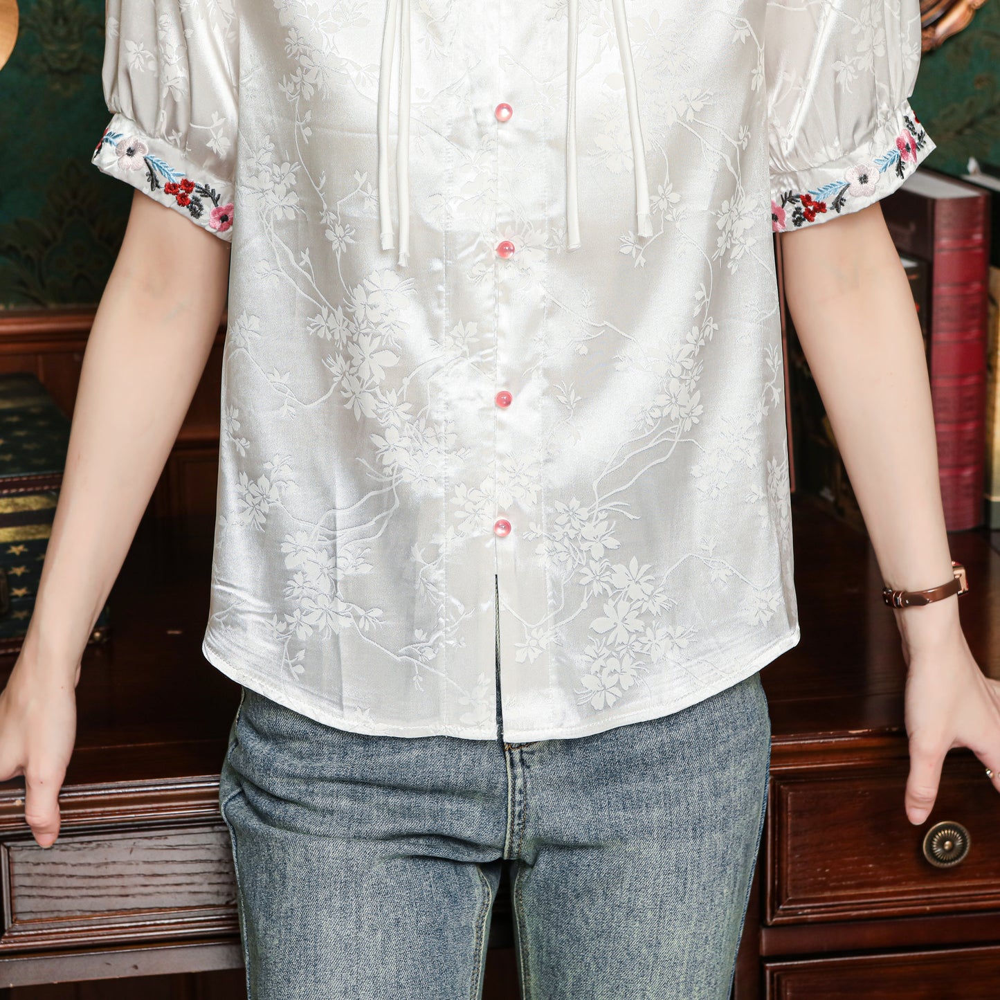 Women's Silk Satin Embroidery Jacquard Blouse Tops