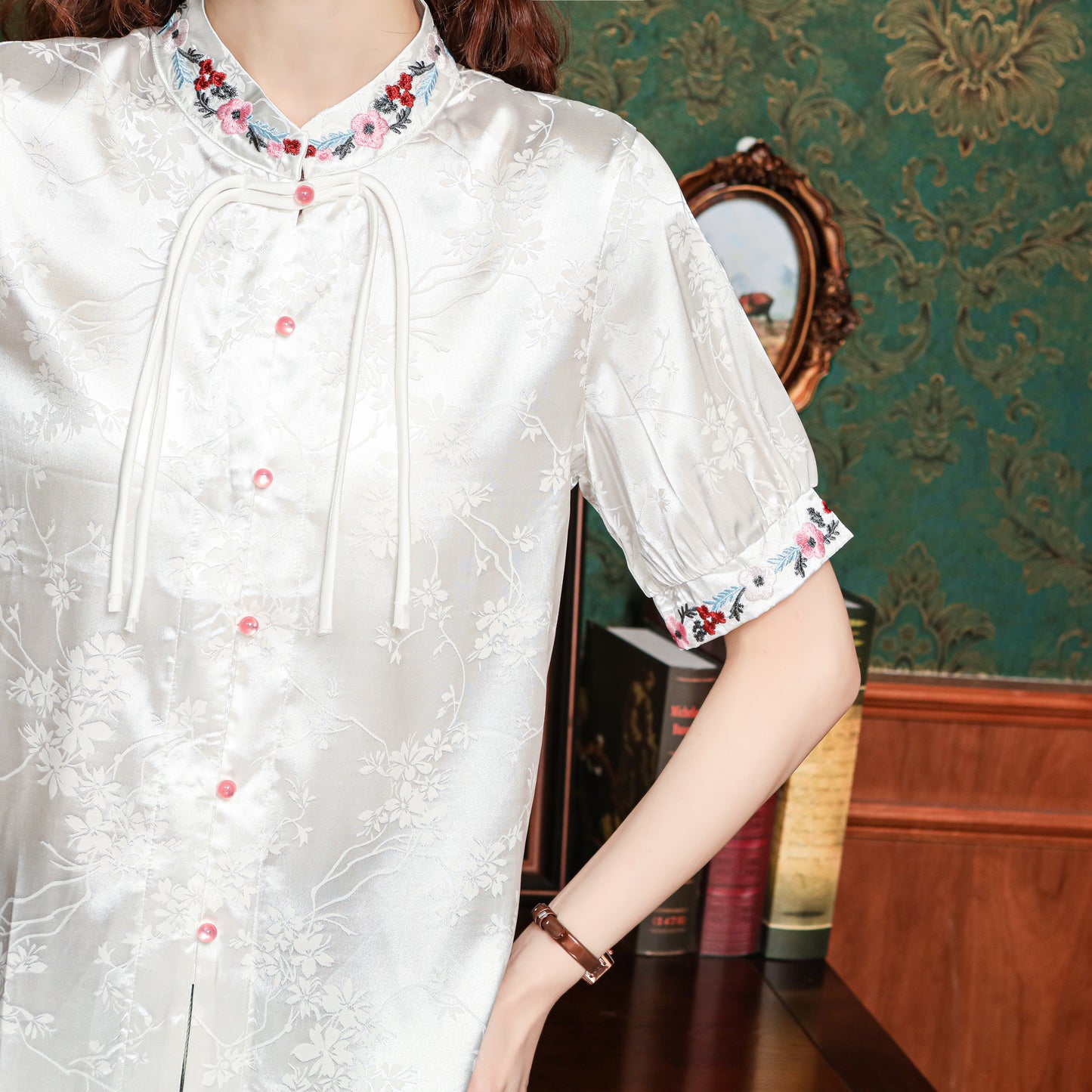 Women's Silk Satin Embroidery Jacquard Blouse Tops