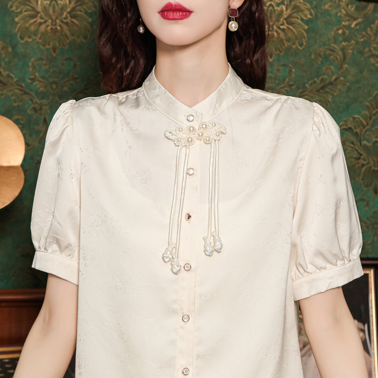 Women's Silk Satin Embroidery Jacquard Blouse Tops