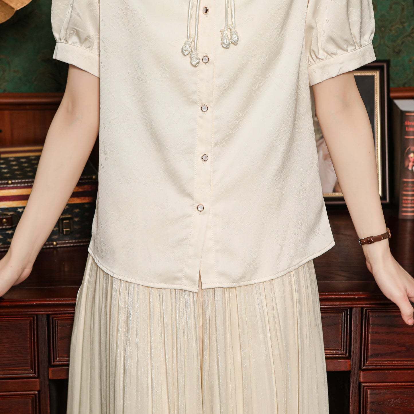 Women's Silk Satin Embroidery Jacquard Blouse Tops