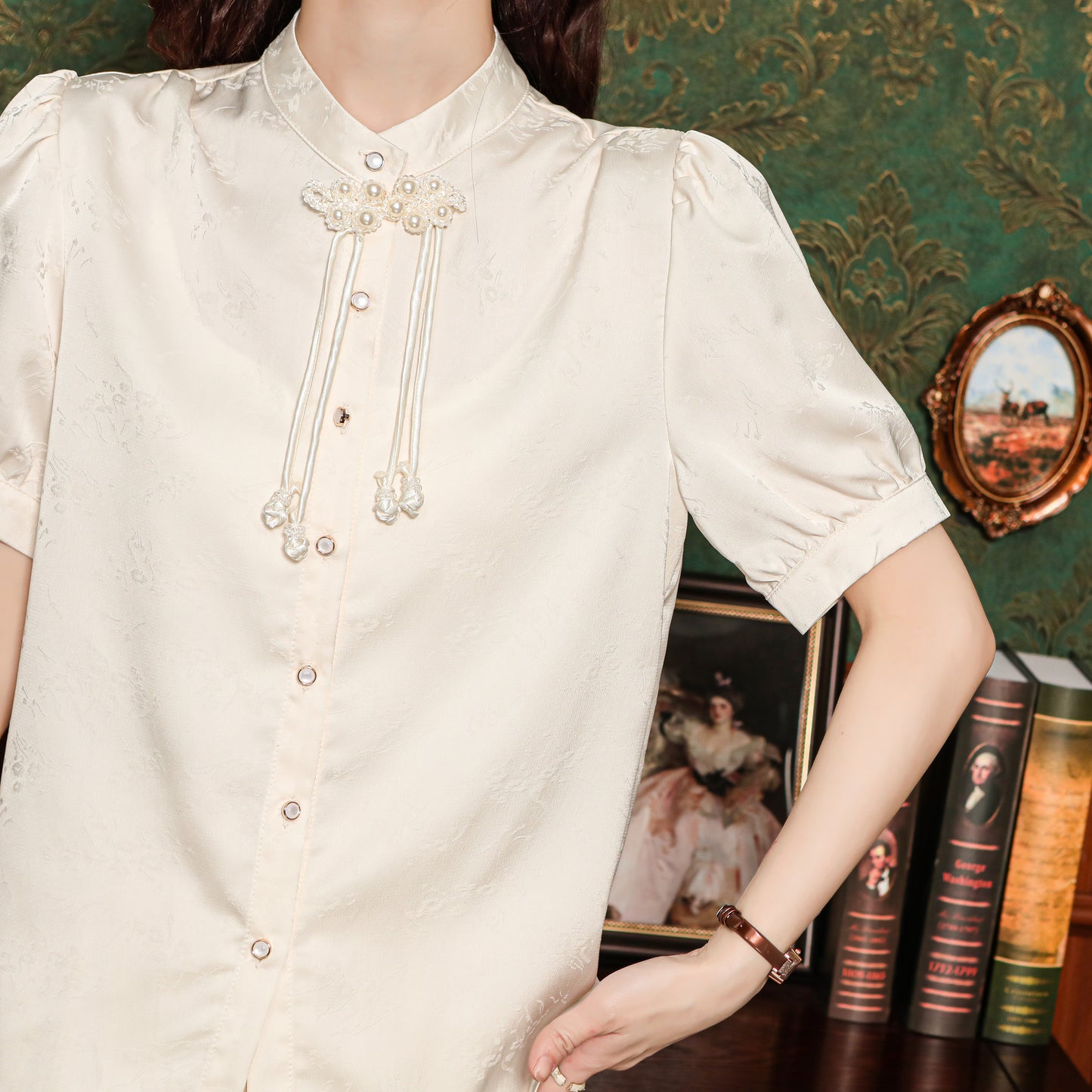 Women's Silk Satin Embroidery Jacquard Blouse Tops
