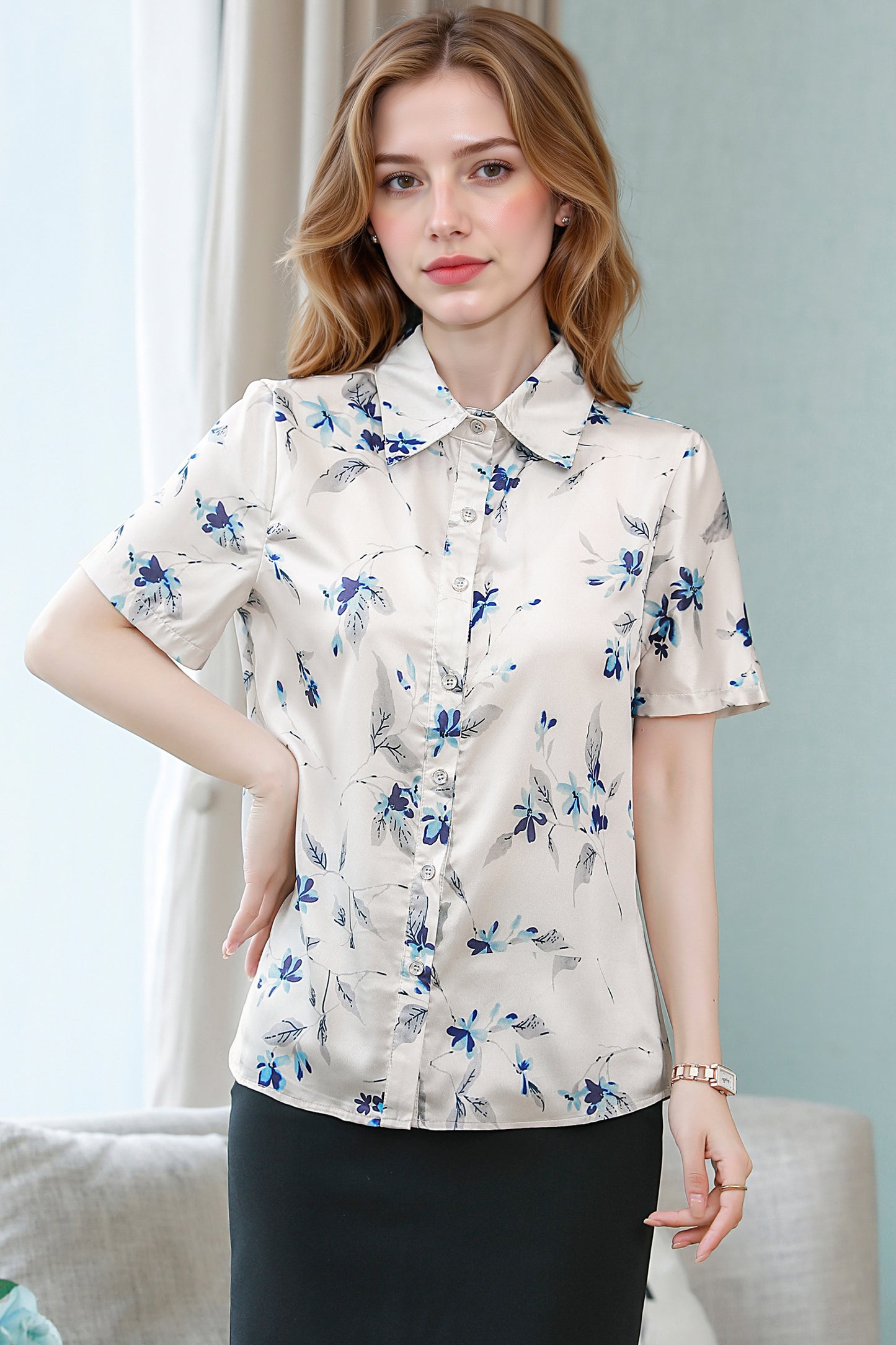 Women's Stain Floral Print Blouse Short Sleeve Tops