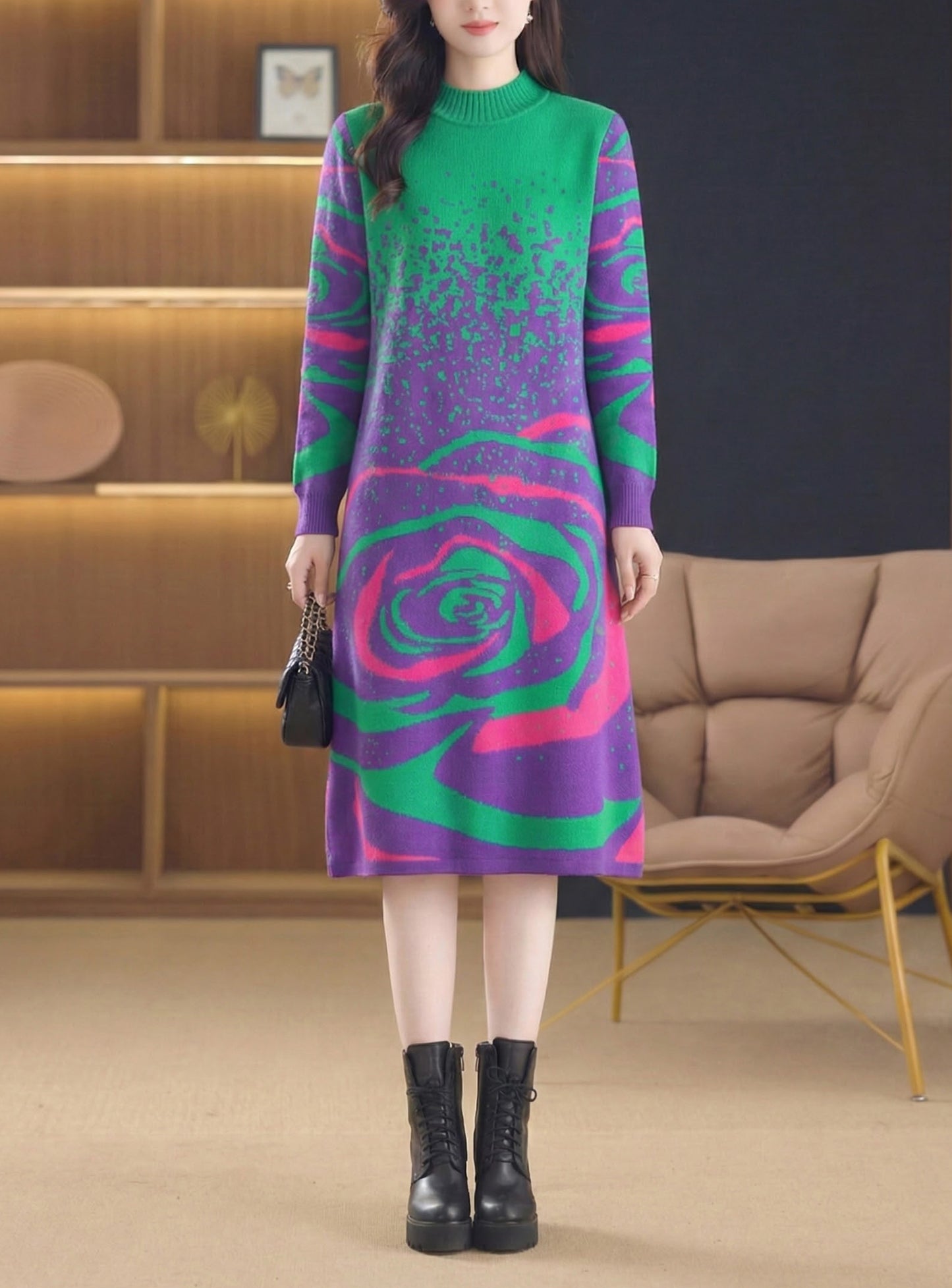 Women's Turtleneck Long Sleeve Knit Sweater Dress