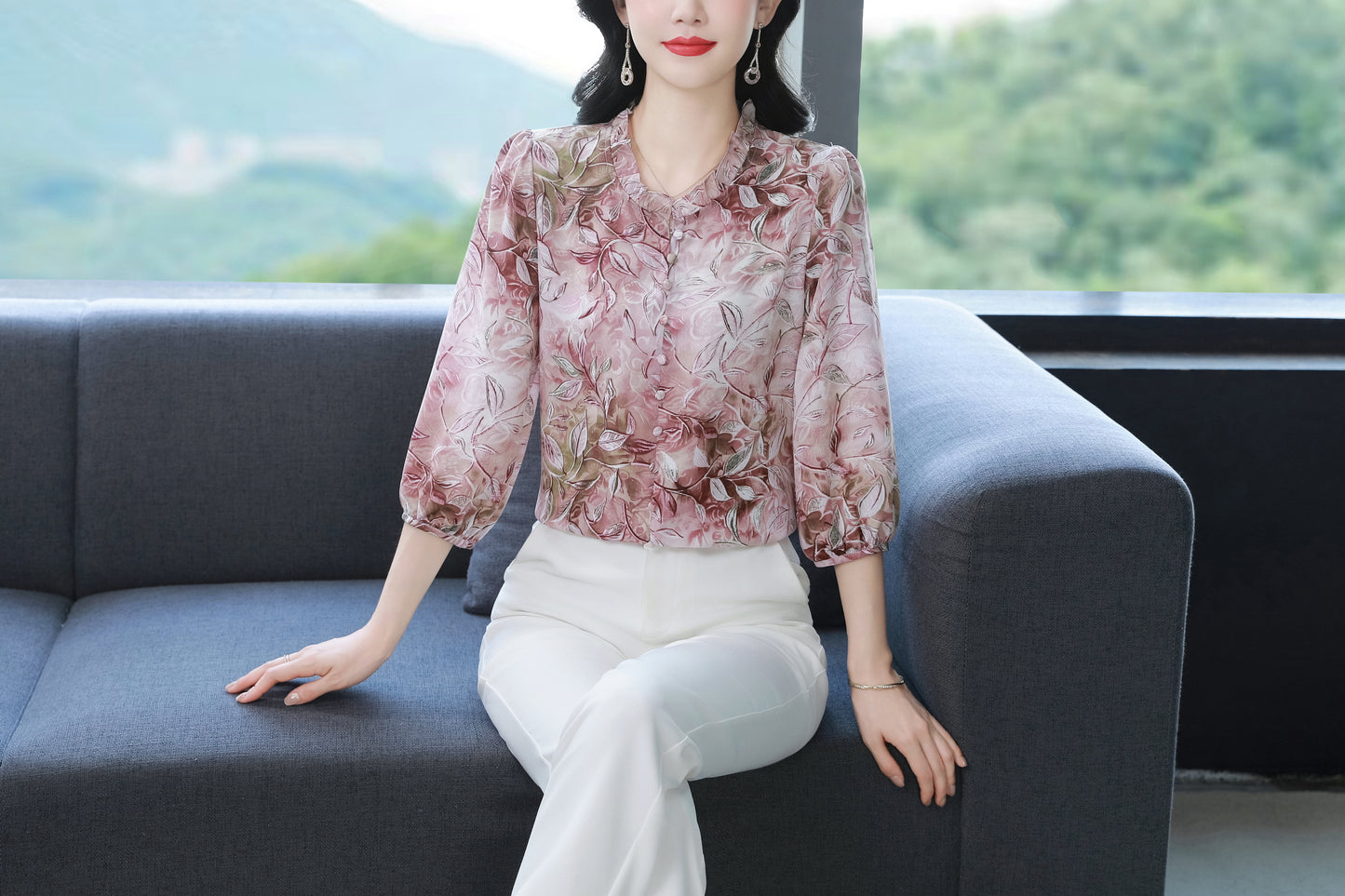 Women's  Floral Print Ruffle Puff Sleeve Blouses Top