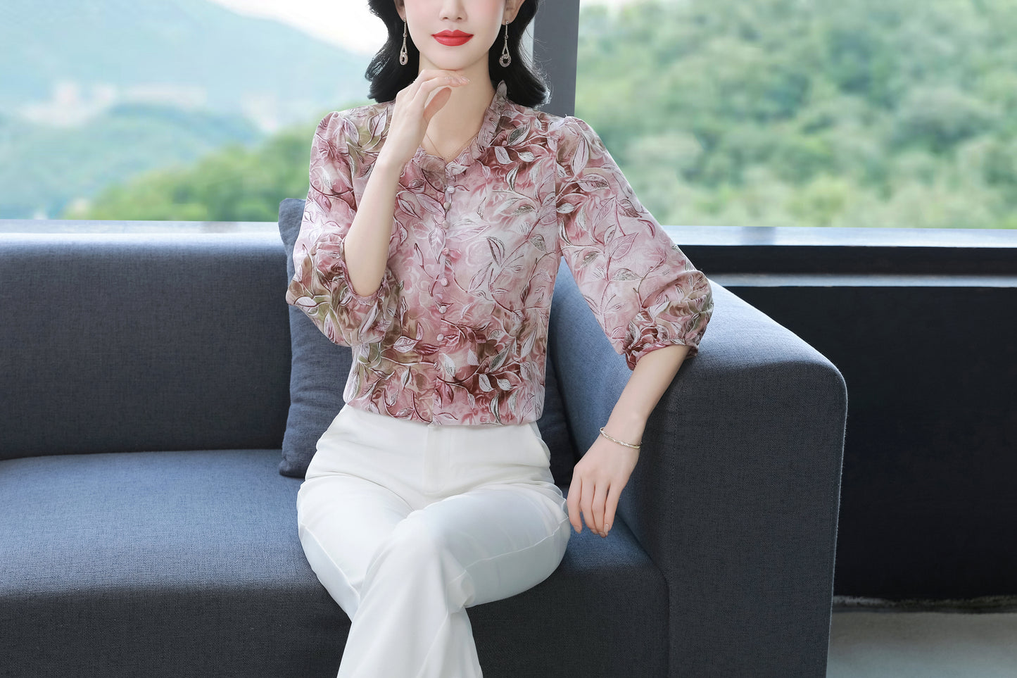 Women's  Floral Print Ruffle Puff Sleeve Blouses Top