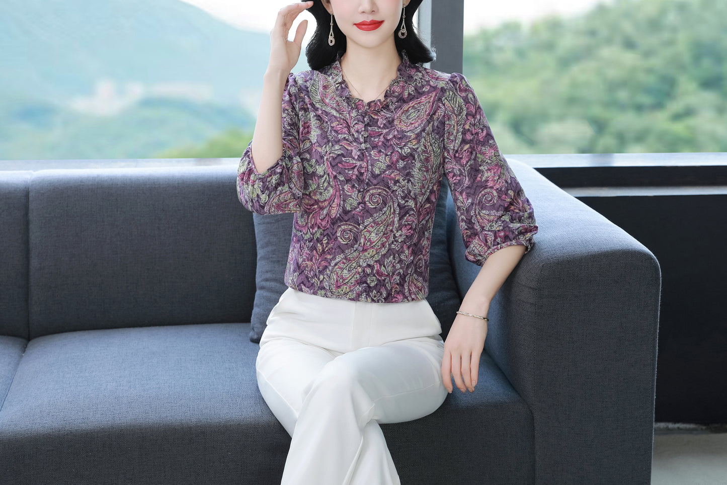 Women's  Floral Print Ruffle Puff Sleeve Blouses Top