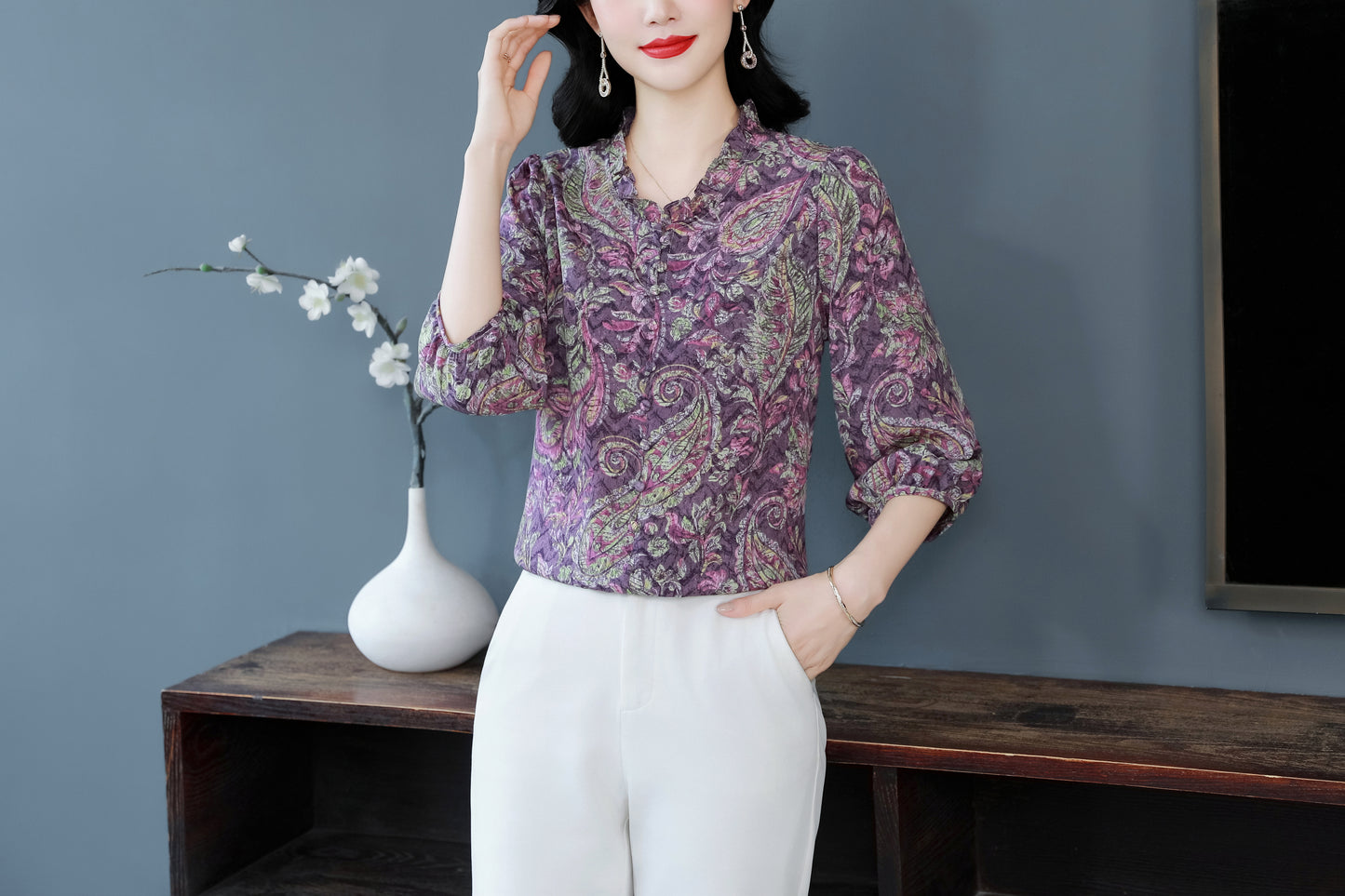 Women's  Floral Print Ruffle Puff Sleeve Blouses Top