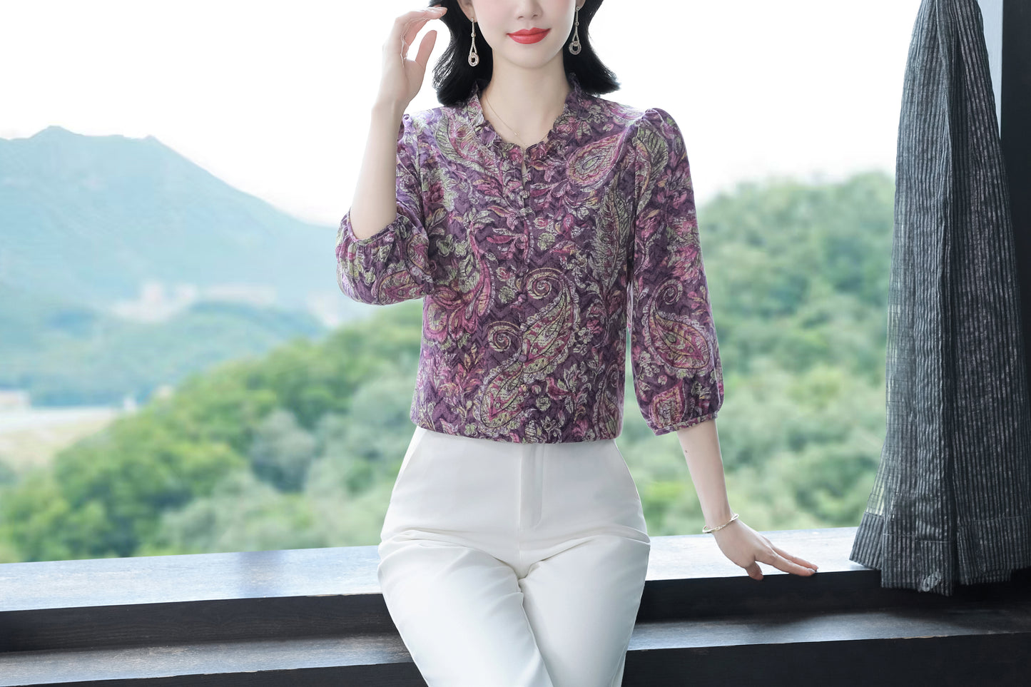 Women's  Floral Print Ruffle Puff Sleeve Blouses Top