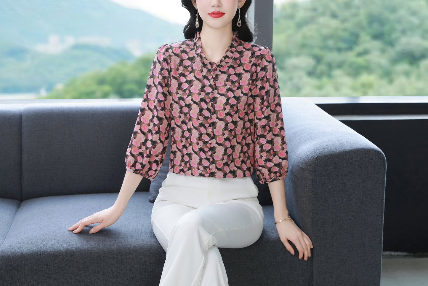 Women's  Floral Print Ruffle Puff Sleeve Blouses Top