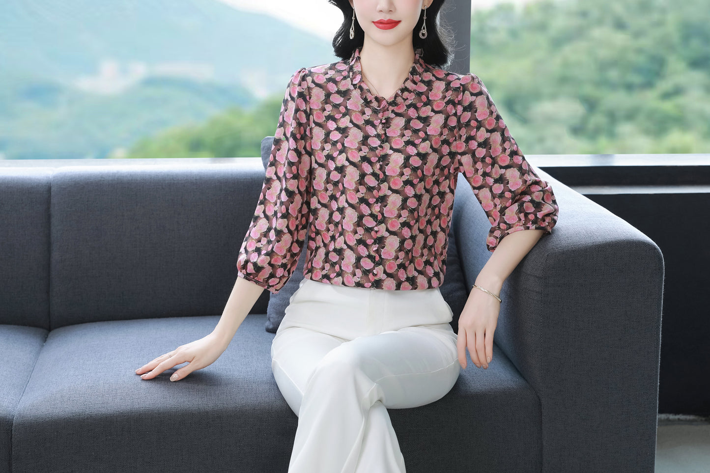 Women's  Floral Print Ruffle Puff Sleeve Blouses Top