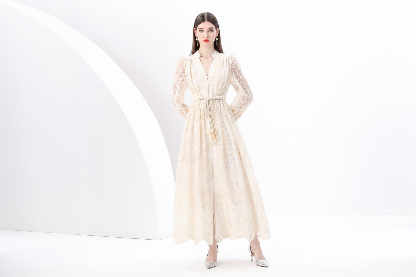 Women's V-Neck Lace Lantern Sleeve Mesh Maxi Dress