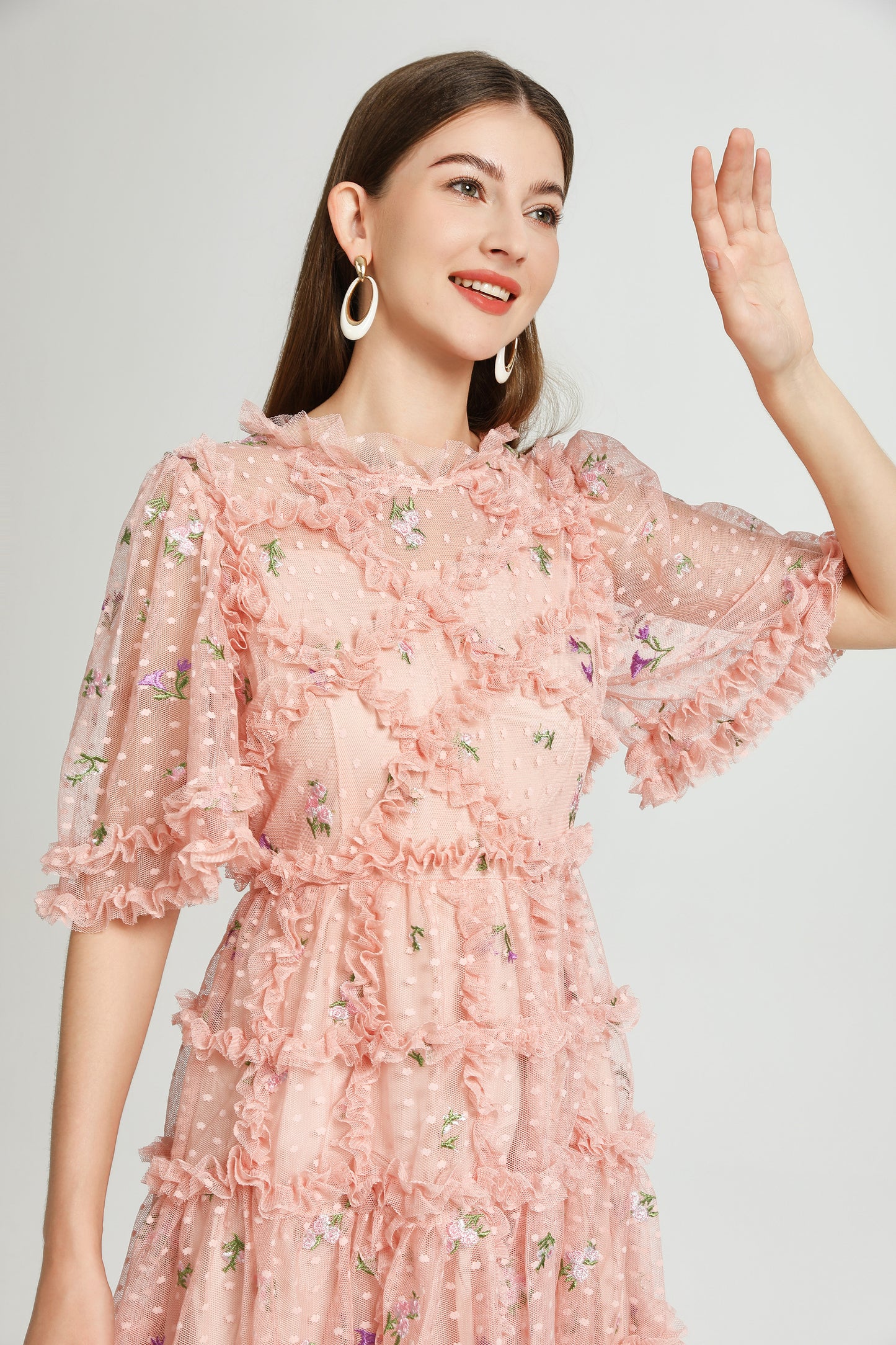 Pink Floral Embroidered Mesh Mini Dress