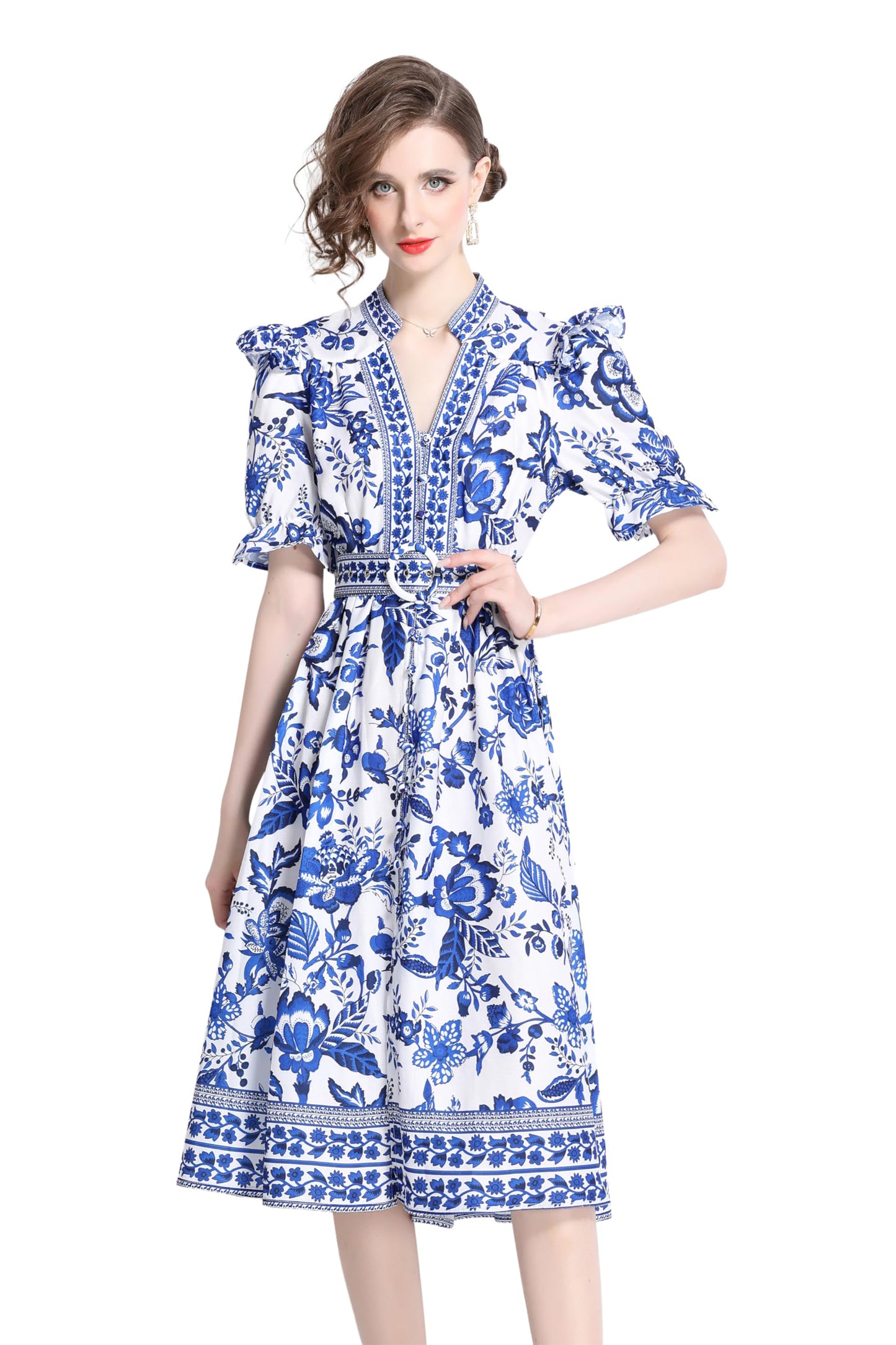 BK-Short Puff Sleeve Floral Midi Dress - LAI MENG FIVE CATS