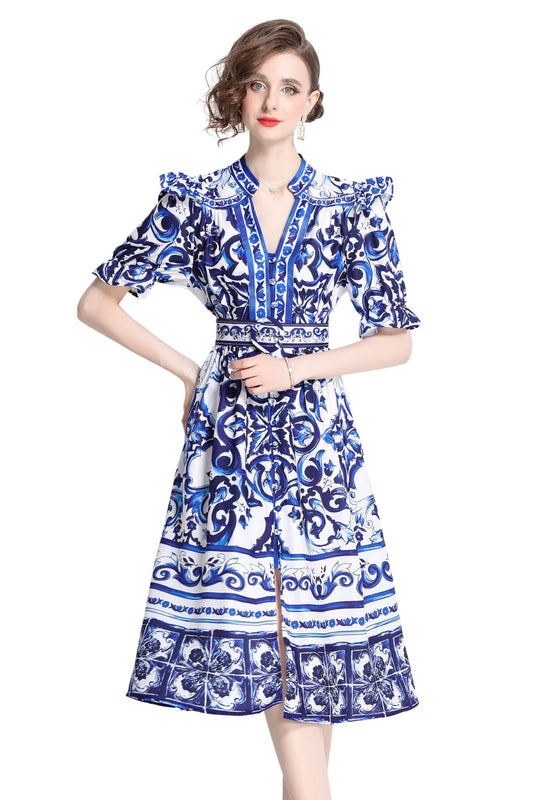 BK-Short Puff Sleeve Floral Midi Dress - LAI MENG FIVE CATS