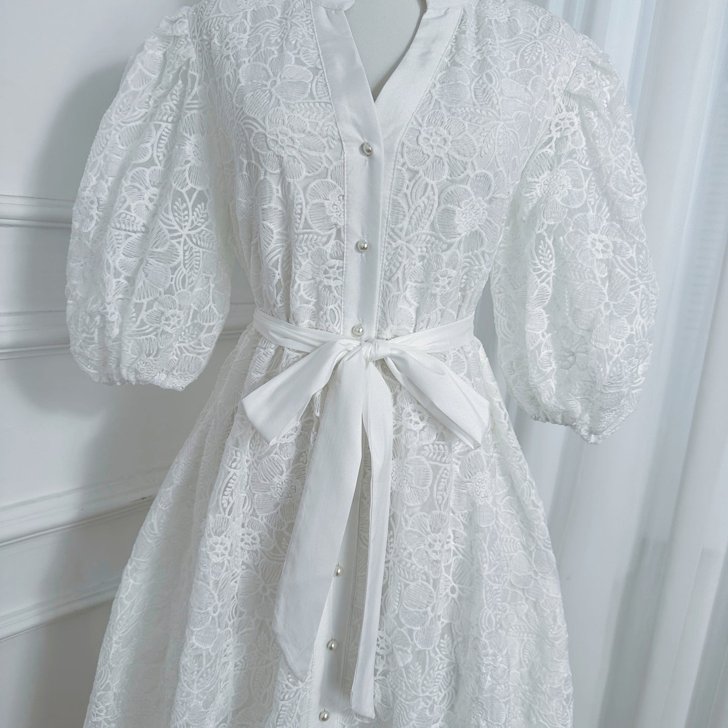 Women's Lace Embroidery Puff Sleeve Midi Dress