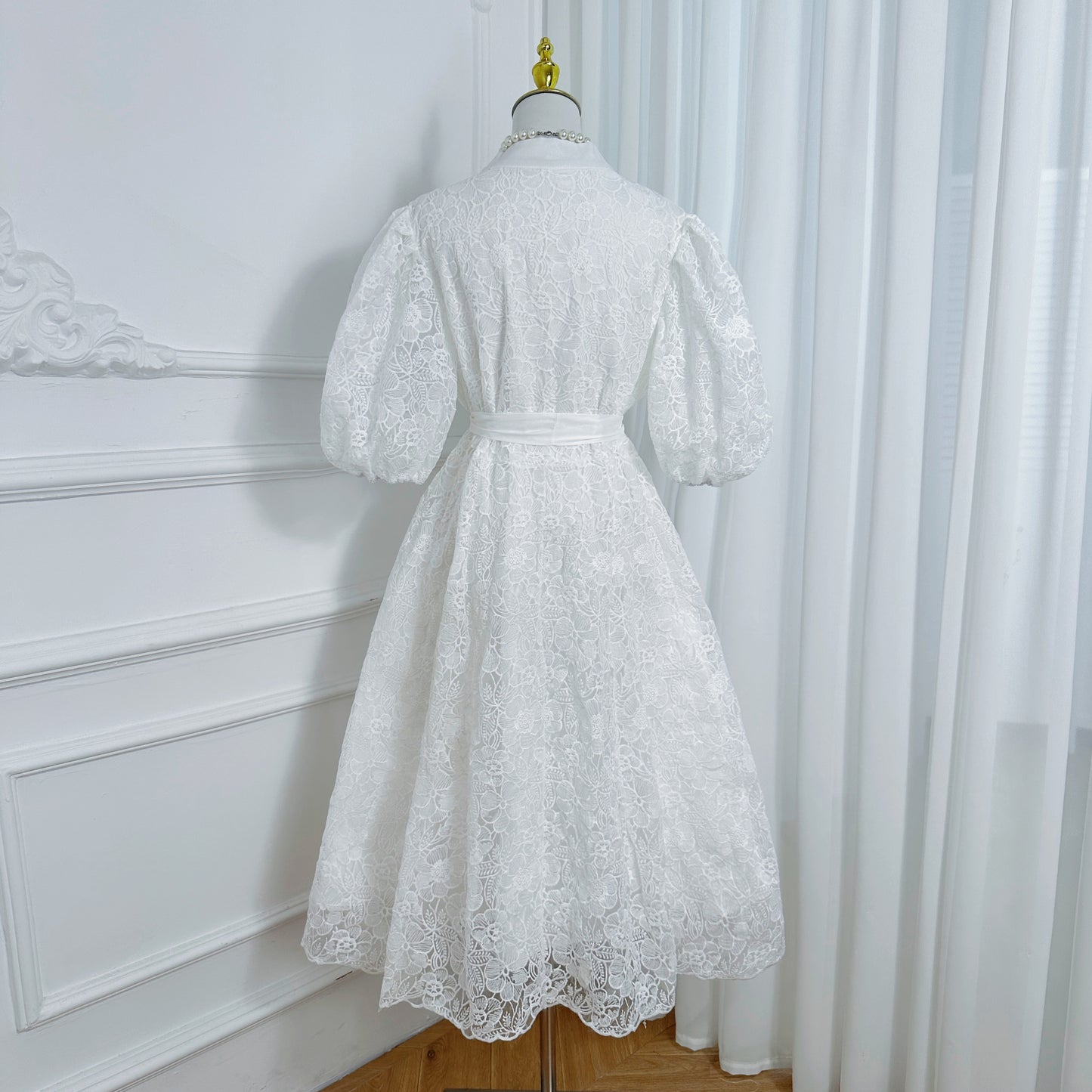Women's Lace Embroidery Puff Sleeve Midi Dress