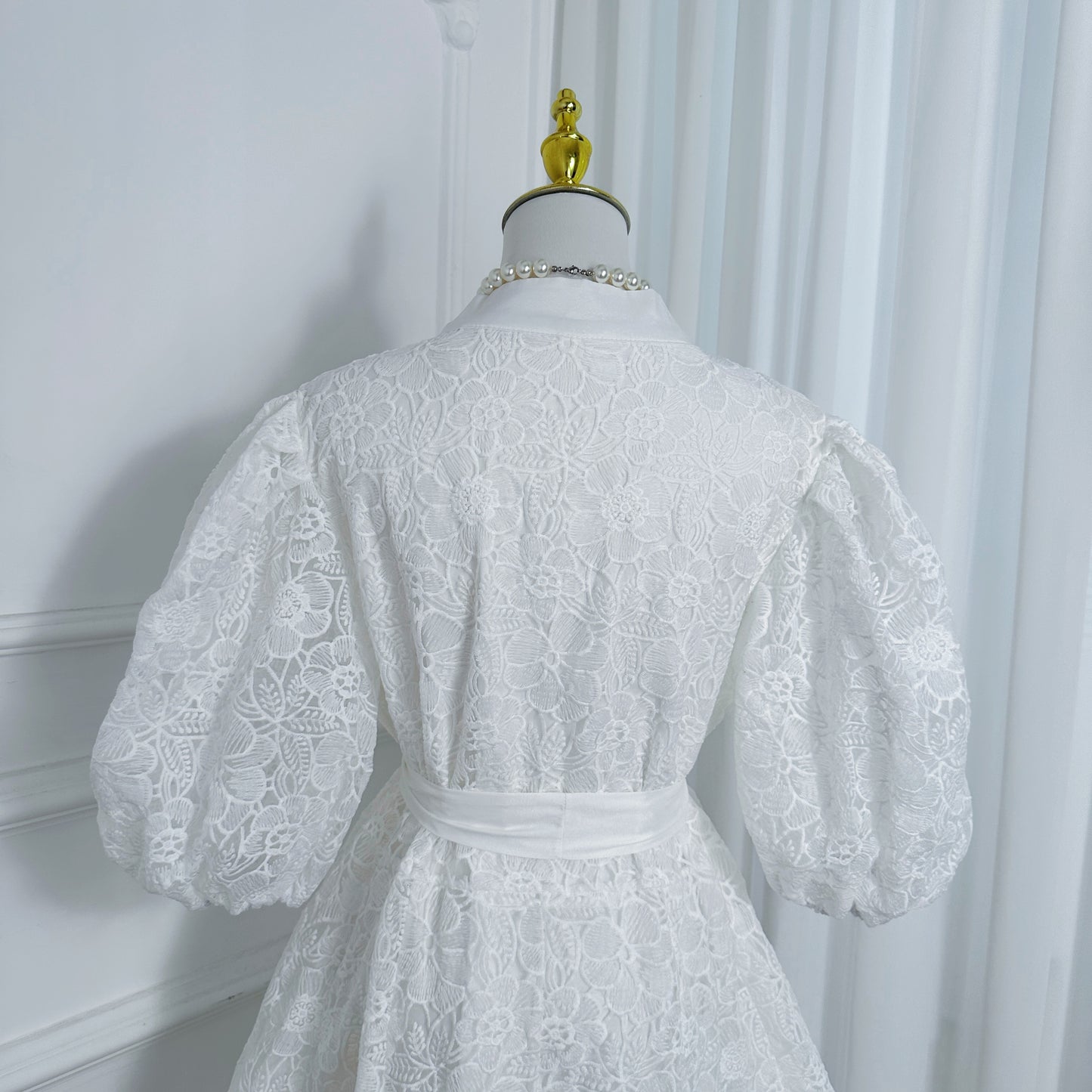 Women's Lace Embroidery Puff Sleeve Midi Dress