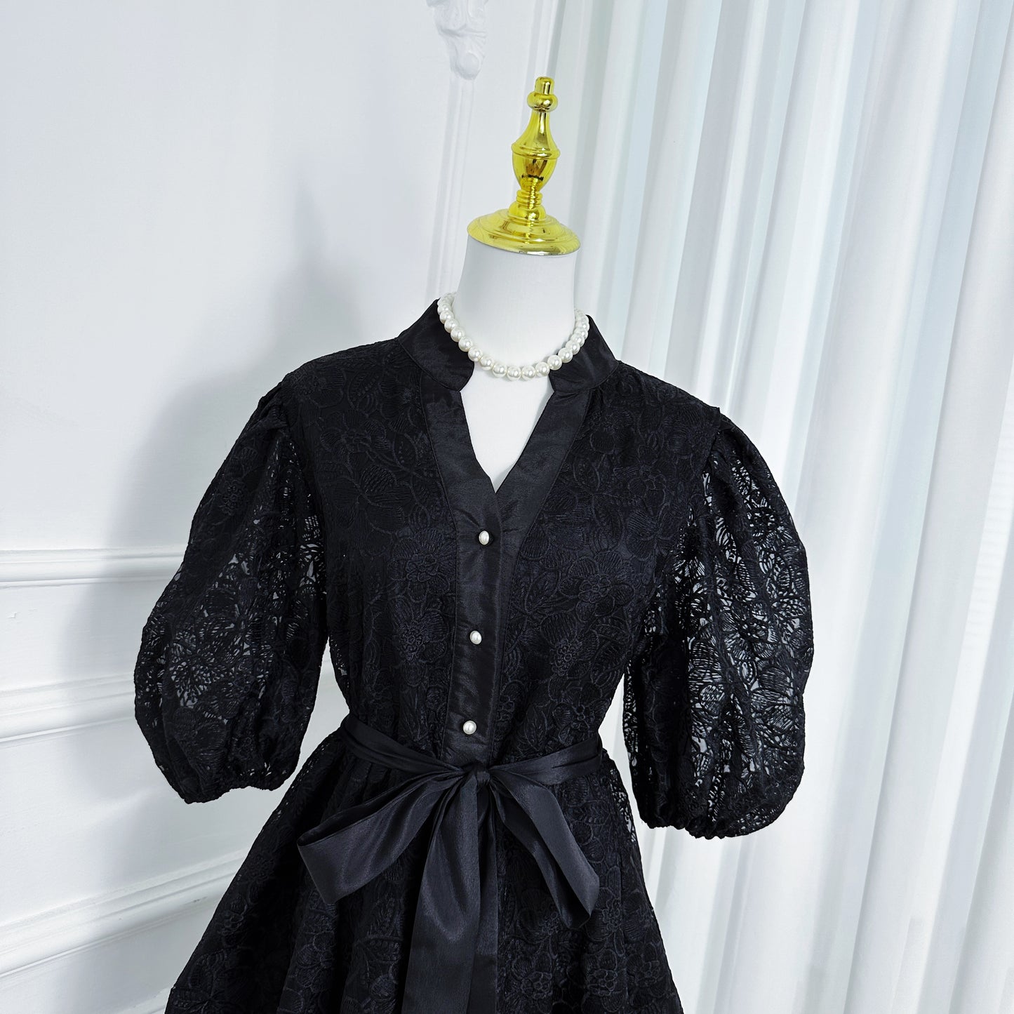 Women's Lace Embroidery Puff Sleeve Midi Dress