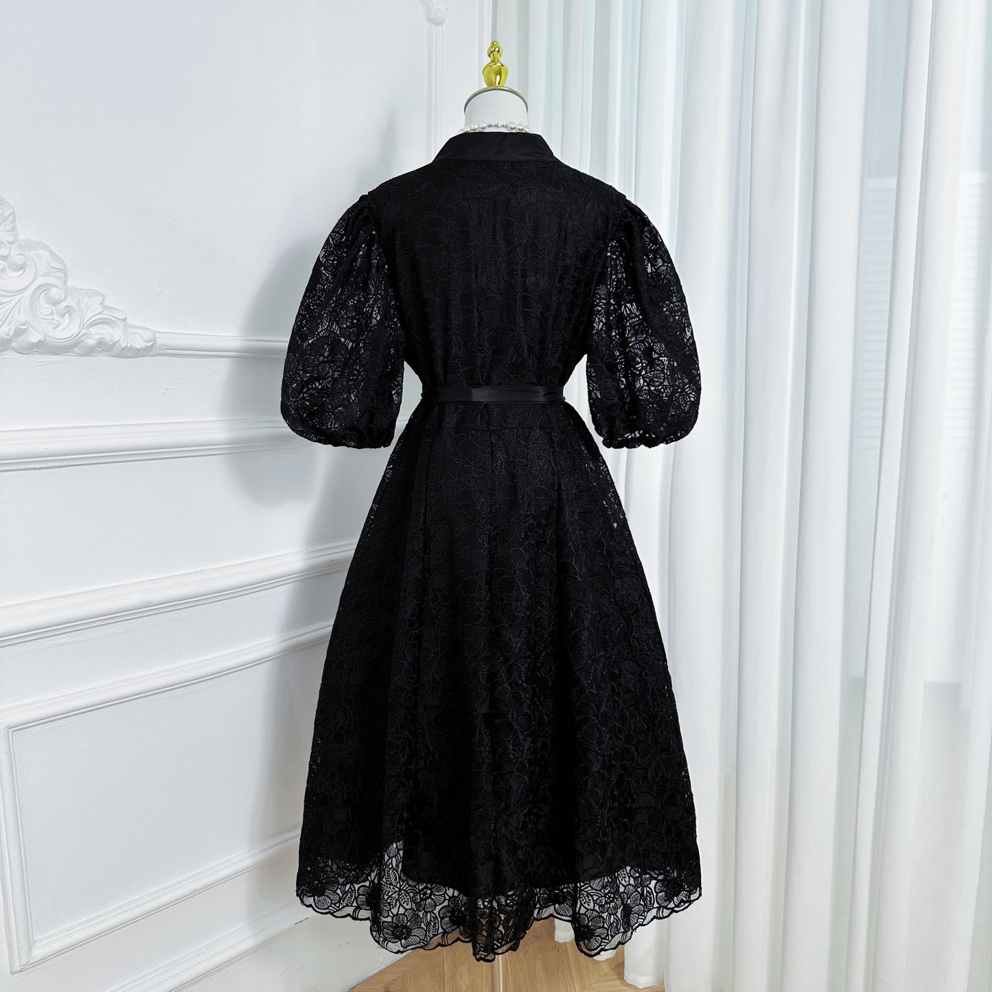 Women's Lace Embroidery Puff Sleeve Midi Dress