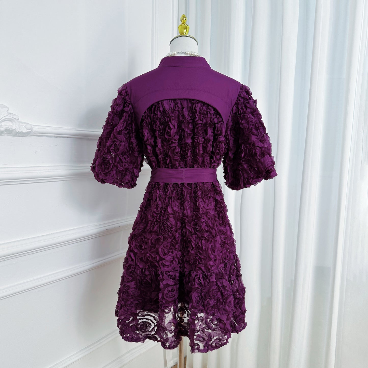 Women 3D Floral Puff Sleeve Ruffle Mini Dress