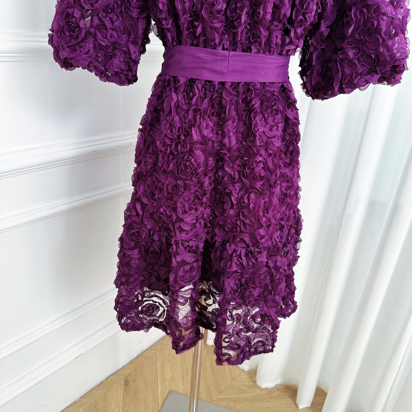 Women 3D Floral Puff Sleeve Ruffle Mini Dress