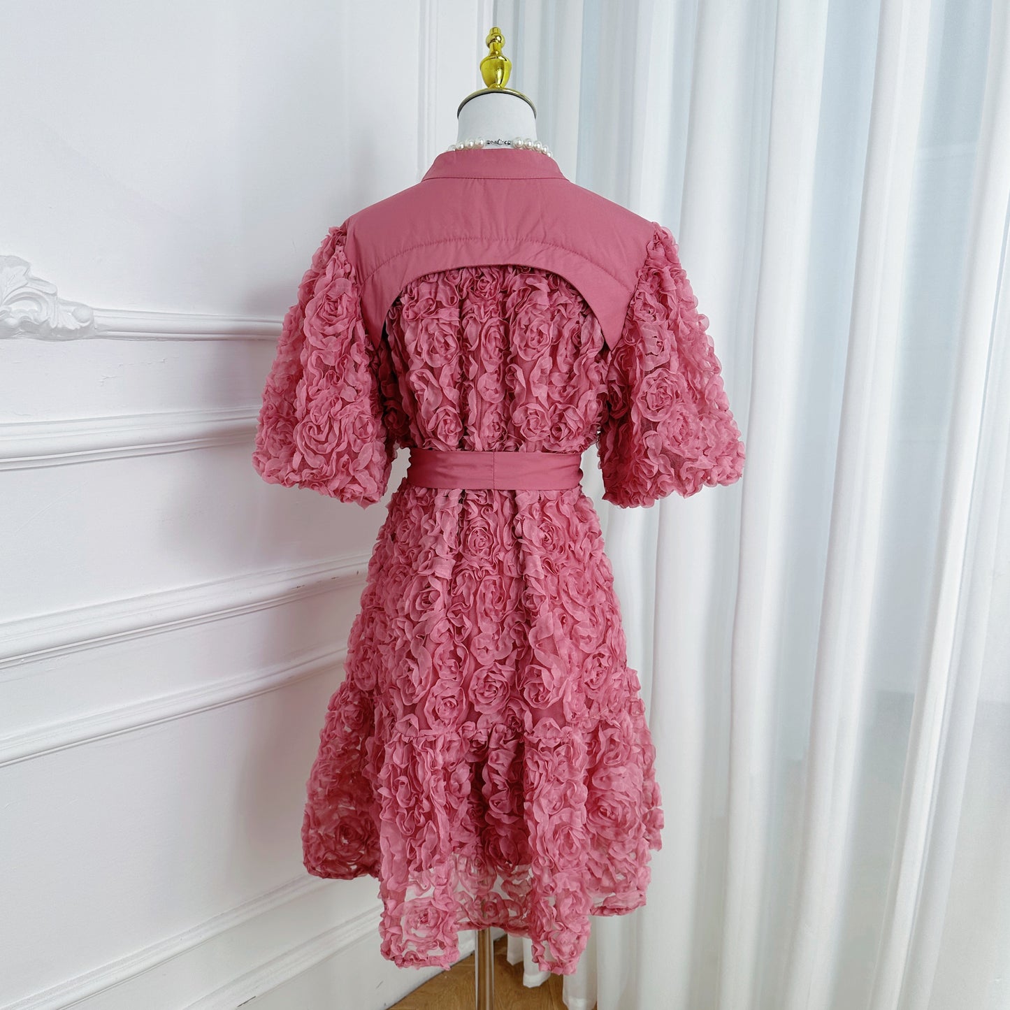 Women 3D Floral Puff Sleeve Ruffle Mini Dress