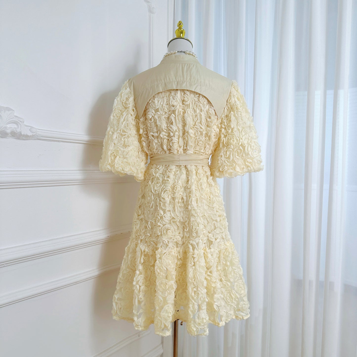 Women 3D Floral Puff Sleeve Ruffle Mini Dress