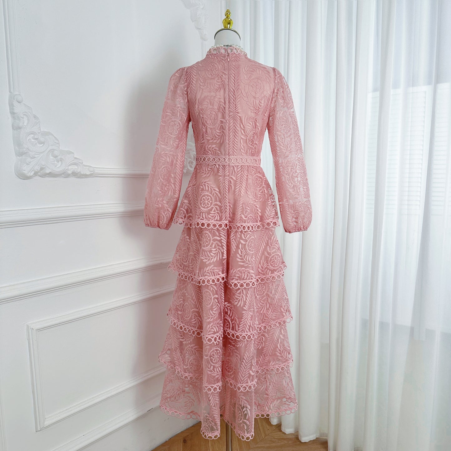 Women's Mesh Embroidery Ruffle Tiered Layered Maxi Dress